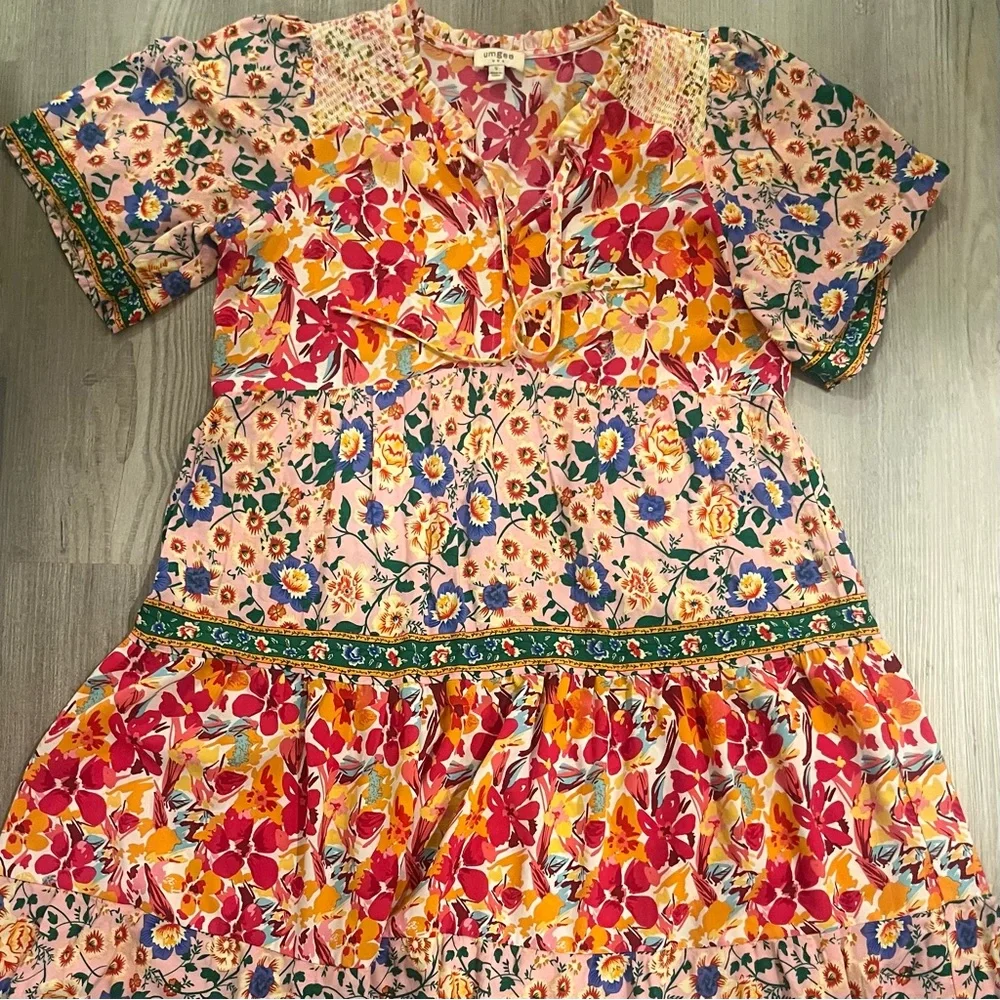 UMGEE Boho Floral Patchwork Dress Size S Smocked Tie Neck - Picture 5 of 7